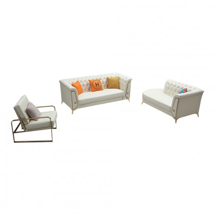 HMR - 3-Piece Modern Living Room Set Chesterfield Sofa with Chaise and Chair in Off-White