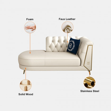 HMR - 3-Piece Modern Living Room Set Chesterfield Sofa with Chaise and Chair in Off-White