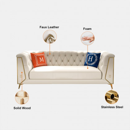 HMR - 3-Piece Modern Living Room Set Chesterfield Sofa with Chaise and Chair in Off-White