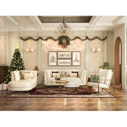 HMR - 3-Piece Modern Living Room Set Chesterfield Sofa with Chaise and Chair in Off-White