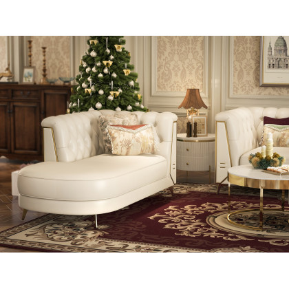 HMR - 3-Piece Modern Living Room Set Chesterfield Sofa with Chaise and Chair in Off-White