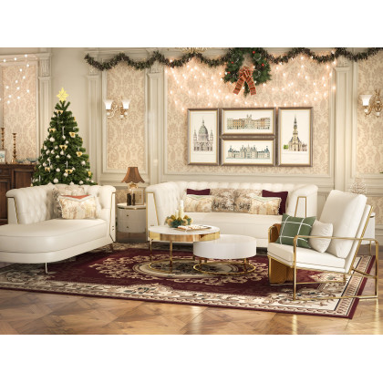 HMR - 3-Piece Modern Living Room Set Chesterfield Sofa with Chaise and Chair in Off-White