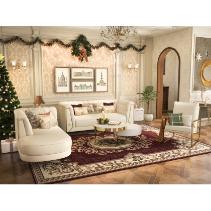 HMR - 3-Piece Modern Living Room Set Chesterfield Sofa with Chaise and Chair in Off-White
