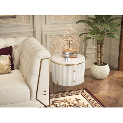 HMR - 3-Piece Modern Living Room Set Chesterfield Sofa with Chaise and Chair in Off-White