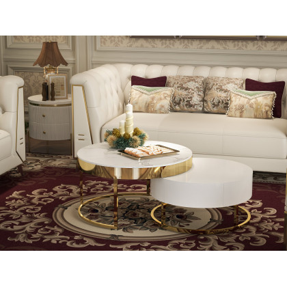 HMR - 3-Piece Modern Living Room Set Chesterfield Sofa with Chaise and Chair in Off-White