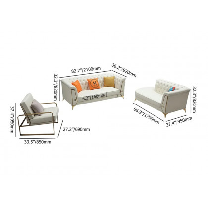 HMR - 3-Piece Modern Living Room Set Chesterfield Sofa with Chaise and Chair in Off-White