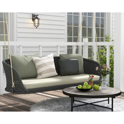 HMR Traditional Wide Outdoor Woven Rope Swing Sofa Hanging Chair with Cushion - Dark Green
