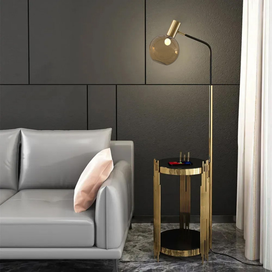 HMR Modern Floor Lamp End Table with Glass Shade, Wireless Charger & USB Port - Gold/Black