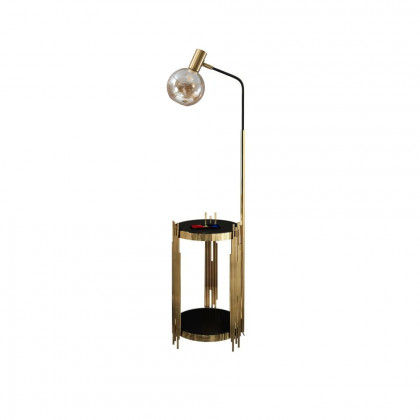 HMR Modern Floor Lamp End Table with Glass Shade, Wireless Charger & USB Port - Gold/Black