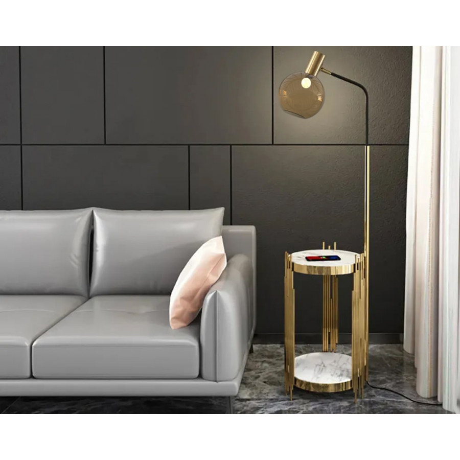 HMR - Modern Floor Lamp End Table with Glass Shade Wireless Charger USB Port