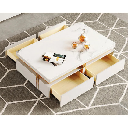 HMR Trimied Modern Wood Coffee Table with Storage Center Table with Stainless Steel Base - White