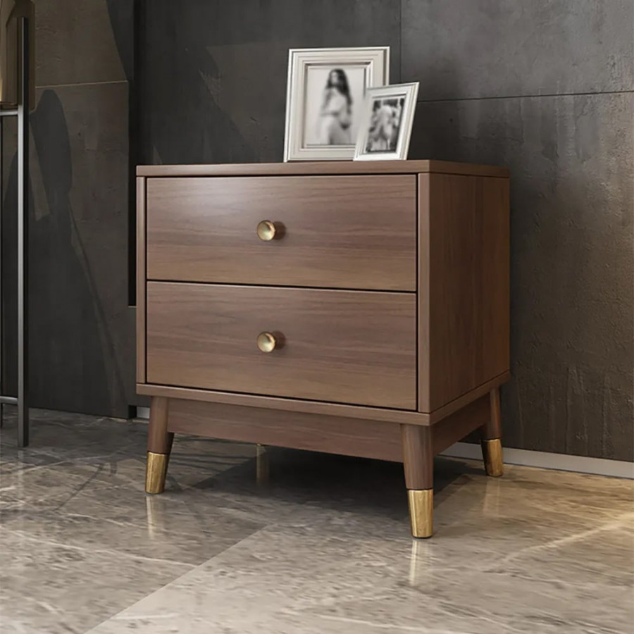 HMR - Ultic Walnut Nightstand 2-Drawer Chest Low Bedside Table with Sotrage