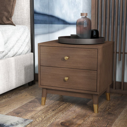 HMR - Ultic Walnut Nightstand 2-Drawer Chest Low Bedside Table with Sotrage