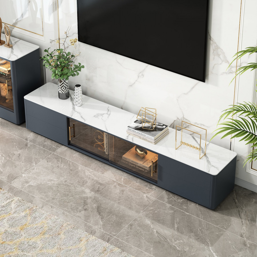 HMR - Modern Wood Rectangle TV Stand Sintered Stone Top 4-Drawer Glass Doors Media Console