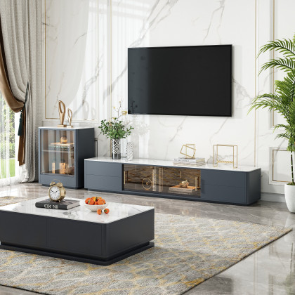HMR Modern Wood Rectangle TV Stand Sintered Stone Top 4-Drawer Glass Doors Media Console - Dark Gray, Small