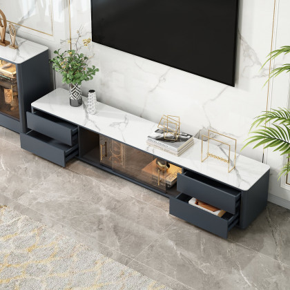 HMR Modern Wood Rectangle TV Stand Sintered Stone Top 4-Drawer Glass Doors Media Console - Dark Gray, Small