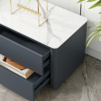 HMR Modern Wood Rectangle TV Stand Sintered Stone Top 4-Drawer Glass Doors Media Console - Dark Gray, Small