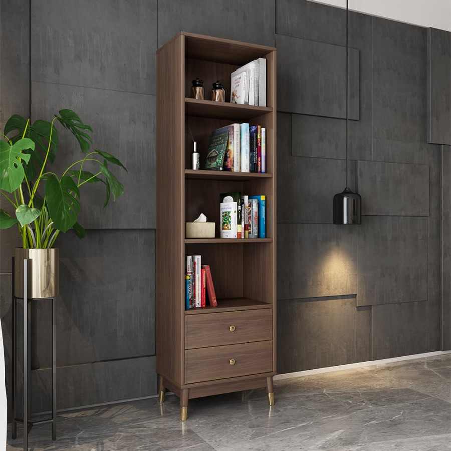HMR - Ultic Modern & Minimalist Book Shelf with 3 Shelves & 2 Drawers in Walnut