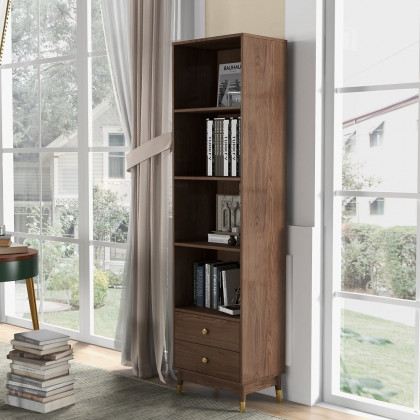 HMR - Ultic Modern & Minimalist Book Shelf with 3 Shelves & 2 Drawers in Walnut