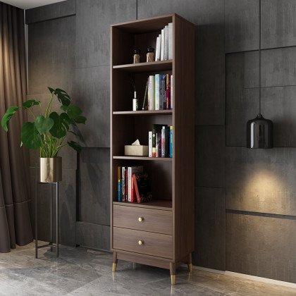 HMR - Ultic Modern & Minimalist Book Shelf with 3 Shelves & 2 Drawers in Walnut