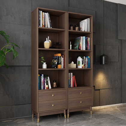 HMR - Ultic Modern & Minimalist Book Shelf with 3 Shelves & 2 Drawers in Walnut