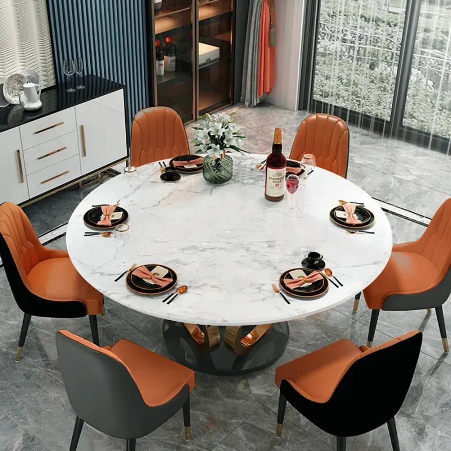HMR - 59.1" Modern Round Sintered Stone Dining Table White & Gold Seats 4-6 People