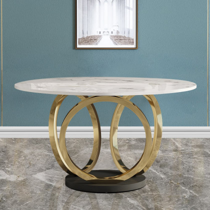 HMR - 59.1" Modern Round Sintered Stone Dining Table White & Gold Seats 4-6 People