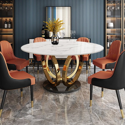 HMR - 59.1" Modern Round Sintered Stone Dining Table White & Gold Seats 4-6 People