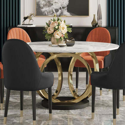 HMR - 59.1" Modern Round Sintered Stone Dining Table White & Gold Seats 4-6 People