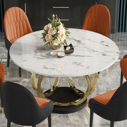 HMR - 59.1" Modern Round Sintered Stone Dining Table White & Gold Seats 4-6 People