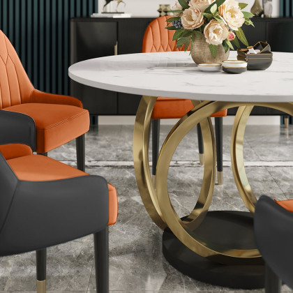 HMR - 59.1" Modern Round Sintered Stone Dining Table White & Gold Seats 4-6 People