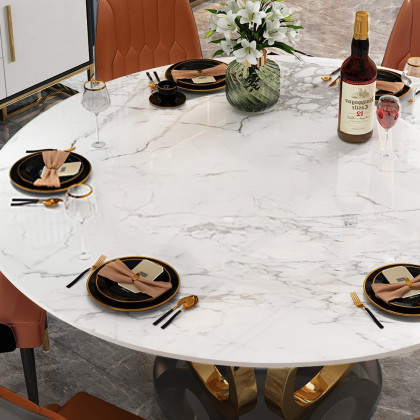HMR - 59.1" Modern Round Sintered Stone Dining Table White & Gold Seats 4-6 People