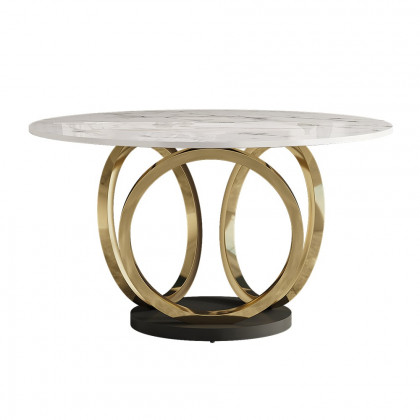 HMR - 59.1" Modern Round Sintered Stone Dining Table White & Gold Seats 4-6 People