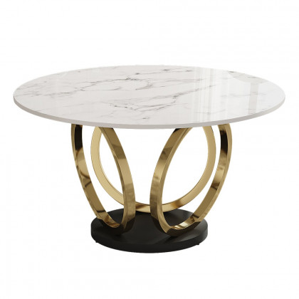 HMR - 59.1" Modern Round Sintered Stone Dining Table White & Gold Seats 4-6 People