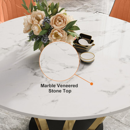 HMR - 59.1" Modern Round Sintered Stone Dining Table White & Gold Seats 4-6 People
