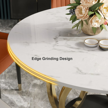 HMR - 59.1" Modern Round Sintered Stone Dining Table White & Gold Seats 4-6 People