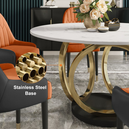 HMR - 59.1" Modern Round Sintered Stone Dining Table White & Gold Seats 4-6 People
