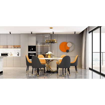 HMR - 59.1" Modern Round Sintered Stone Dining Table White & Gold Seats 4-6 People