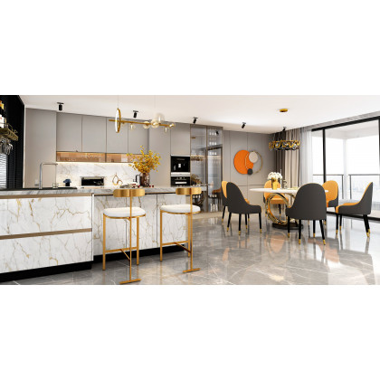 HMR - 59.1" Modern Round Sintered Stone Dining Table White & Gold Seats 4-6 People