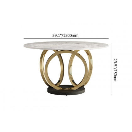 HMR - 59.1" Modern Round Sintered Stone Dining Table White & Gold Seats 4-6 People