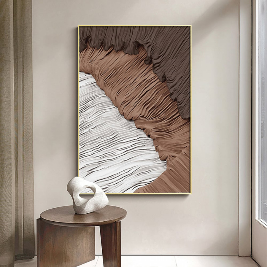 HMR - Japandi Abstract Canvas Wall Art Print Framed Wall Decor in White & Brown