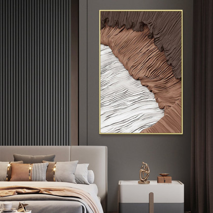 HMR - Japandi Abstract Canvas Wall Art Print Framed Wall Decor in White & Brown