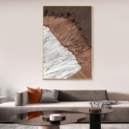 HMR - Japandi Abstract Canvas Wall Art Print Framed Wall Decor in White & Brown