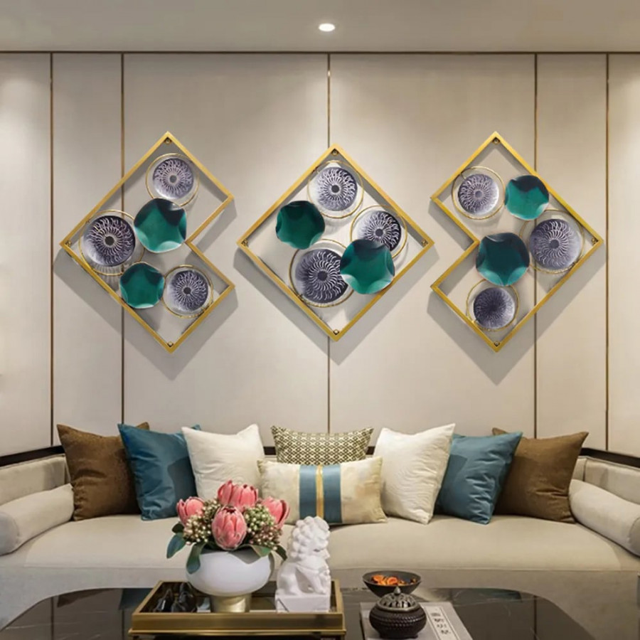 HMR - 3 Pieces Lotus Leaves Metal Wall Decor with Square Frame in Gold