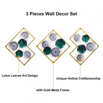 HMR - 3 Pieces Lotus Leaves Metal Wall Decor with Square Frame in Gold