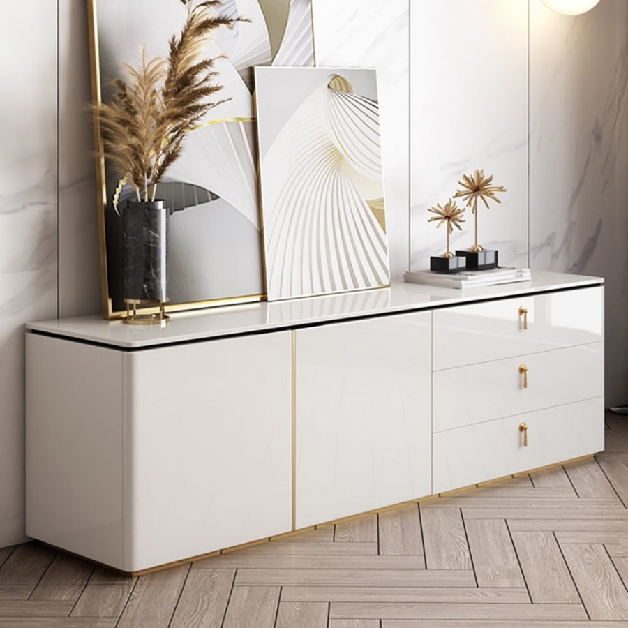 HMR - Pewter Modern White Rectangular TV Stand with Drawers & Doors for TVs Up To 70"