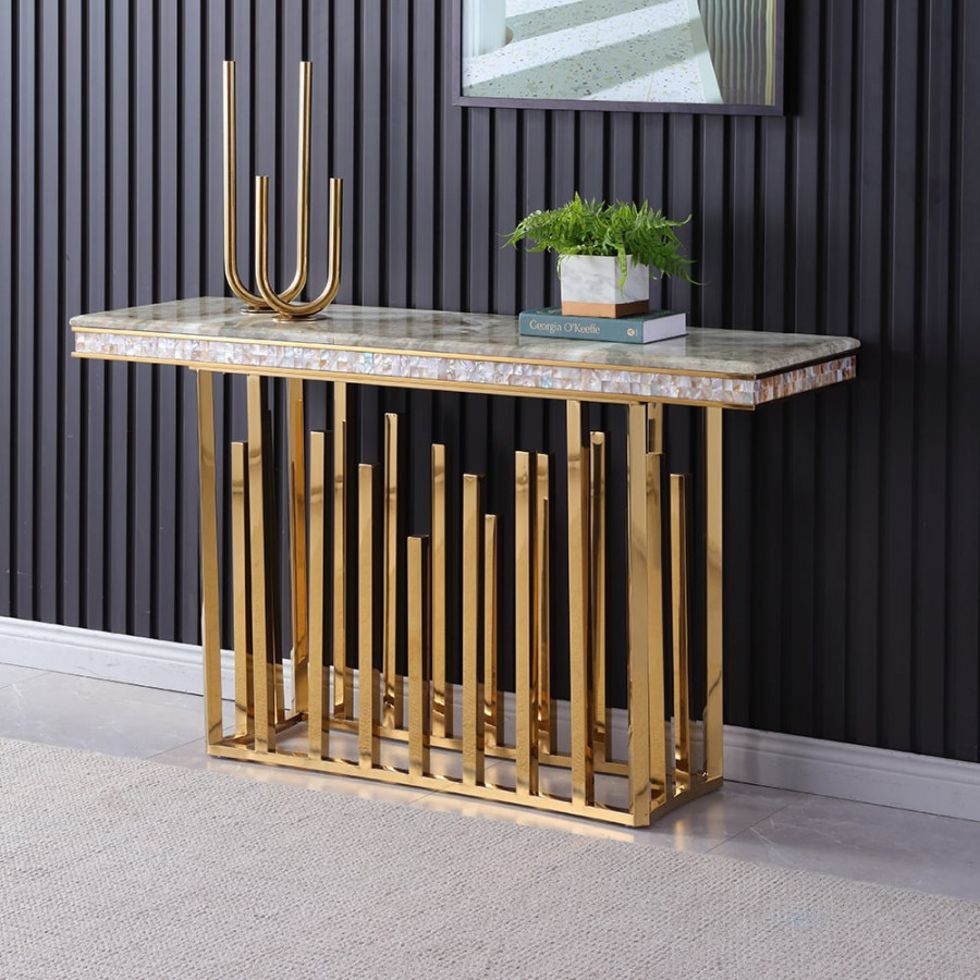 HMR - 59.1" Modern Marble Console Table Narrow Entryway Table with Gold Stainless Steel Base