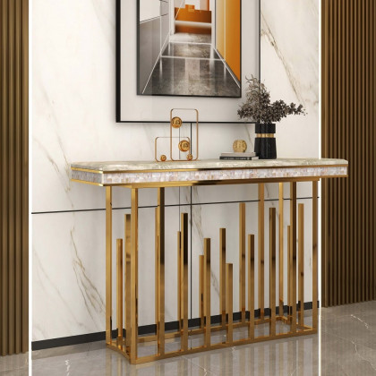HMR - 59.1" Modern Marble Console Table Narrow Entryway Table with Gold Stainless Steel Base