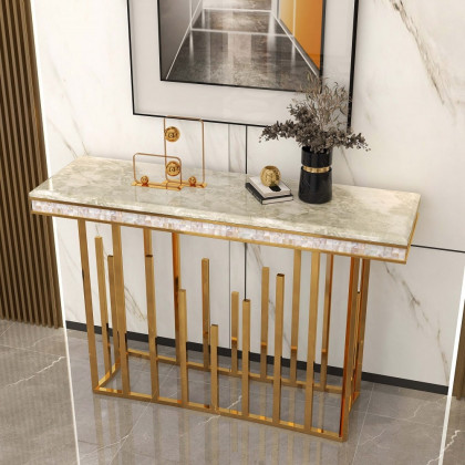 HMR - 59.1" Modern Marble Console Table Narrow Entryway Table with Gold Stainless Steel Base