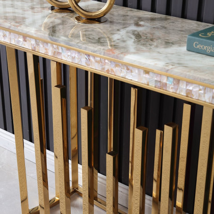 HMR - 59.1" Modern Marble Console Table Narrow Entryway Table with Gold Stainless Steel Base